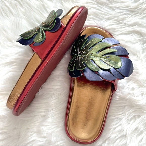 Farm Rio Bronze And Blue Monstera Anatomic Slide Sandal Size 10 - Picture 11 of 14